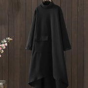 Buddha Stones Pure Color Irregular Design Cotton Turtleneck Long Sleeve Midi Dress With Pocket - Black - US8-10，UK/AU12-14，EU40-42 (2XL) - image 0