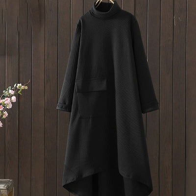 Buddha Stones Pure Color Irregular Design Cotton Turtleneck Long Sleeve Midi Dress With Pocket - Black - US8-10，UK/AU12-14，EU40-42 (2XL) - image 0