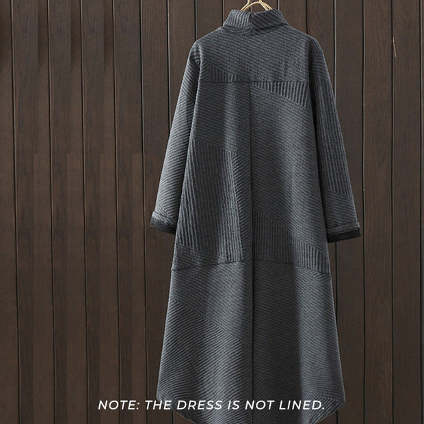 Buddha Stones Pure Color Irregular Design Cotton Turtleneck Long Sleeve Midi Dress With Pocket - image 8