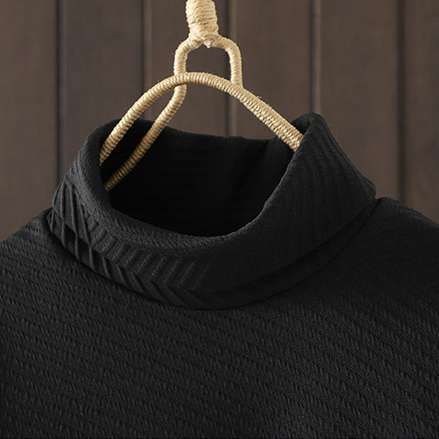 Buddha Stones Pure Color Irregular Design Cotton Turtleneck Long Sleeve Midi Dress With Pocket - image 2