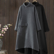 Buddha Stones Pure Color Irregular Design Cotton Turtleneck Long Sleeve Midi Dress With Pocket - image 17
