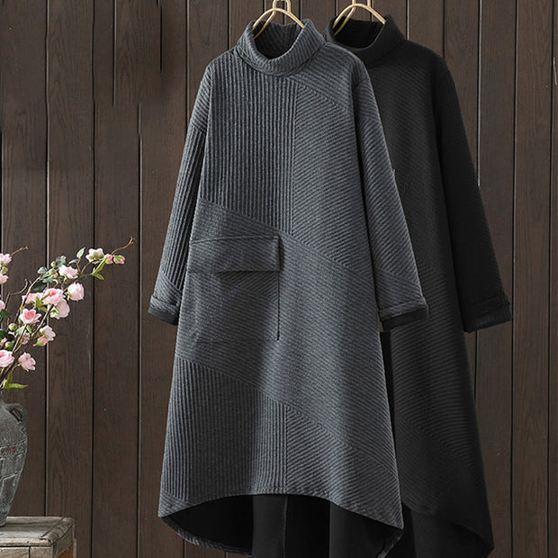 Buddha Stones Pure Color Irregular Design Cotton Turtleneck Long Sleeve Midi Dress With Pocket - image 17