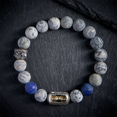Buddha Stones Natural Grey Jasper Sodalite Om Mani Padme Hum Buddha Face Healing Bracelet - 20cm - image 0