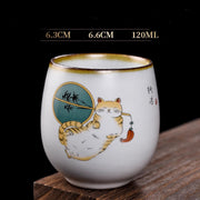 Buddha Stones Cute Lying Cat Branches Teacup Kung Fu Tea Cup - Lying Cat & Fan 6.3cm*6.6cm*120ml - image 13