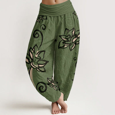 Buddha Stones Pure Cotton Casual Lotus Auspicious Clouds Design Women's Elastic Waist Harem Pants - MediumSeaGreen - US22，UK/AU26，EU54 (6XL) - image 0