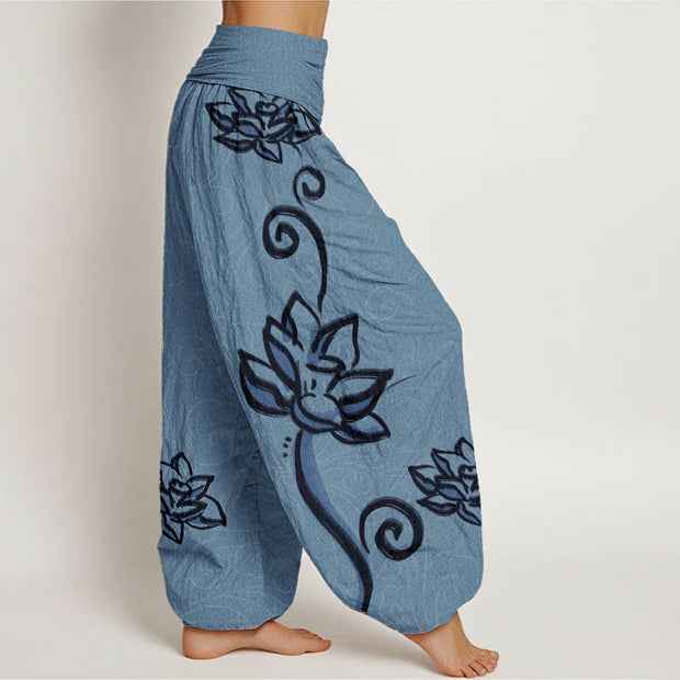 Buddha Stones Pure Cotton Casual Lotus Auspicious Clouds Design Women's Elastic Waist Harem Pants - image 8