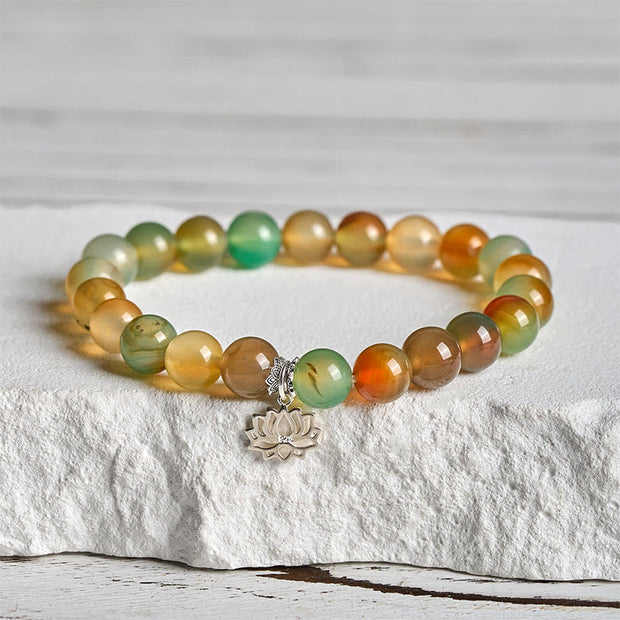 Buddha Stones 925 Sterling Silver Lotus Symbol Peacock Agate Courage Beads Bracelet - image 1
