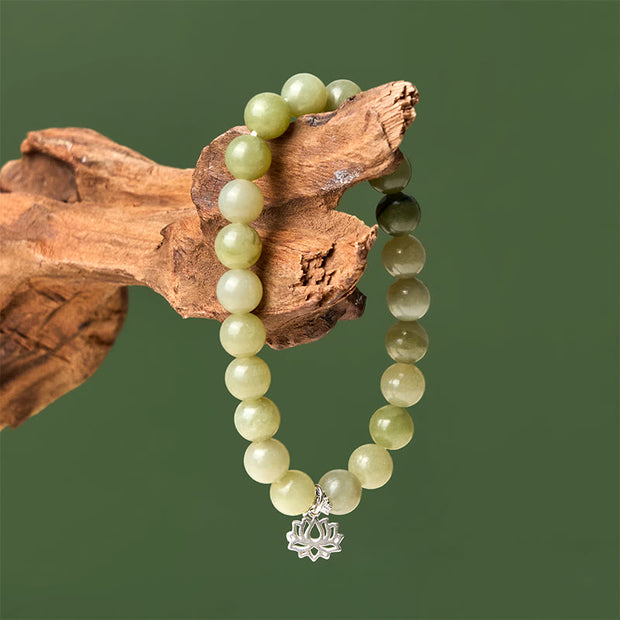 Buddha Stones 925 Sterling Silver Lotus Natural Cyan Jade Luck Bracelet - image 3