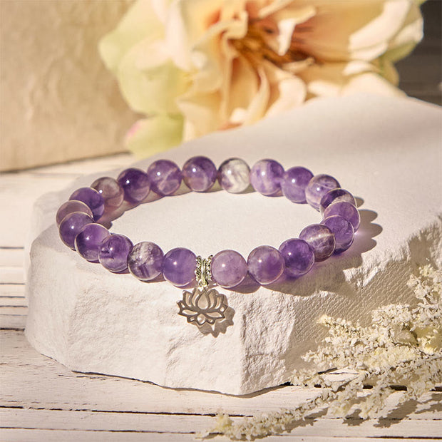 Buddha Stones 925 Sterling Silver Amethyst Lotus Design Natural Balance Bead Bracelet - image 1