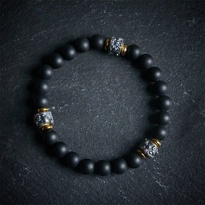 Buddha Stones Natural Frosted Black Onyx Buddha Face Protection Bracelet - 20cm - image 0