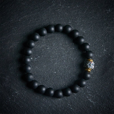 Buddha Stones Natural Frosted Black Onyx Buddha Face Support Bracelet - 20cm - image 0