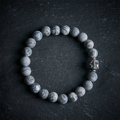 Buddha Stones Natural Frosted Grey Jasper Buddha Face Healing Protection Bracelet - 20cm - image 0