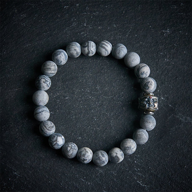 Buddha Stones Natural Frosted Grey Jasper Buddha Face Healing Protection Bracelet - 20cm - image 0