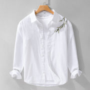 Buddha Stones Embroidery Leaves Pattern Men's Long Sleeve Cotton Linen Shirt - White - US/UK/AU42，EU52 (3XL) - image 5