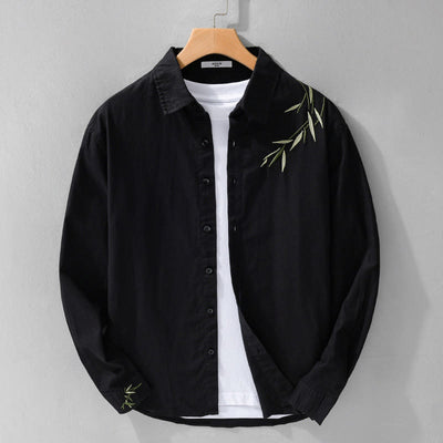 Buddha Stones Embroidery Leaves Pattern Men's Long Sleeve Cotton Linen Shirt - Black - US/UK/AU42，EU52 (3XL) - image 0