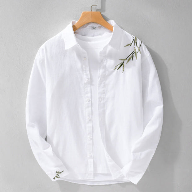 Buddha Stones Embroidery Leaves Pattern Men's Long Sleeve Cotton Linen Shirt - image 6
