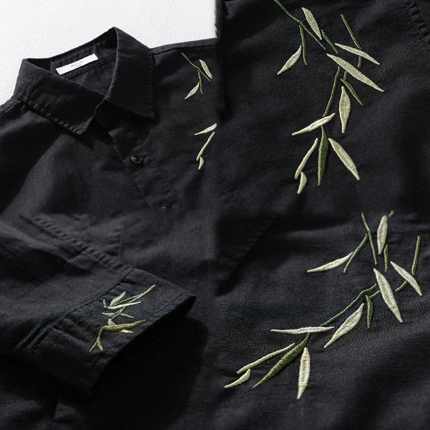 Buddha Stones Embroidery Leaves Pattern Men's Long Sleeve Cotton Linen Shirt - image 4