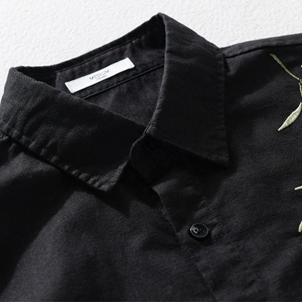 Buddha Stones Embroidery Leaves Pattern Men's Long Sleeve Cotton Linen Shirt - image 1