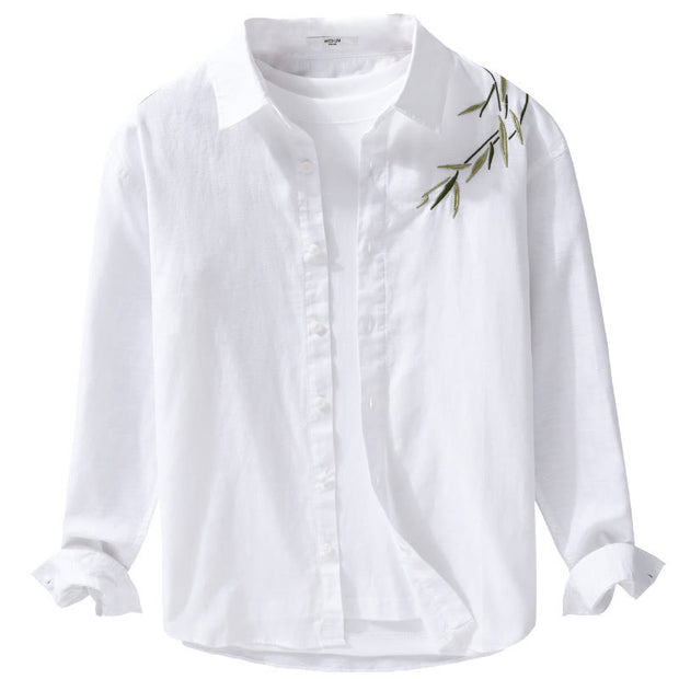 Buddha Stones Embroidery Leaves Pattern Men's Long Sleeve Cotton Linen Shirt - image 12