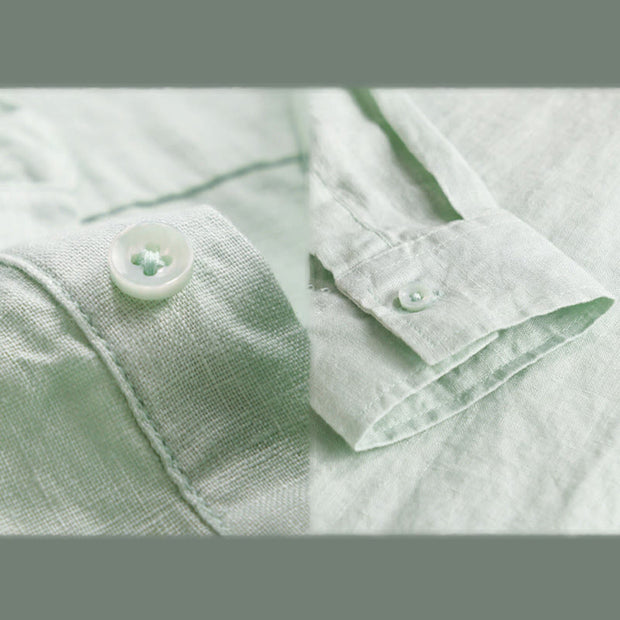 Buddha Stones Men's Solid Color Lapel Buttons Long Sleeve Pure Linen Shirt - image 9