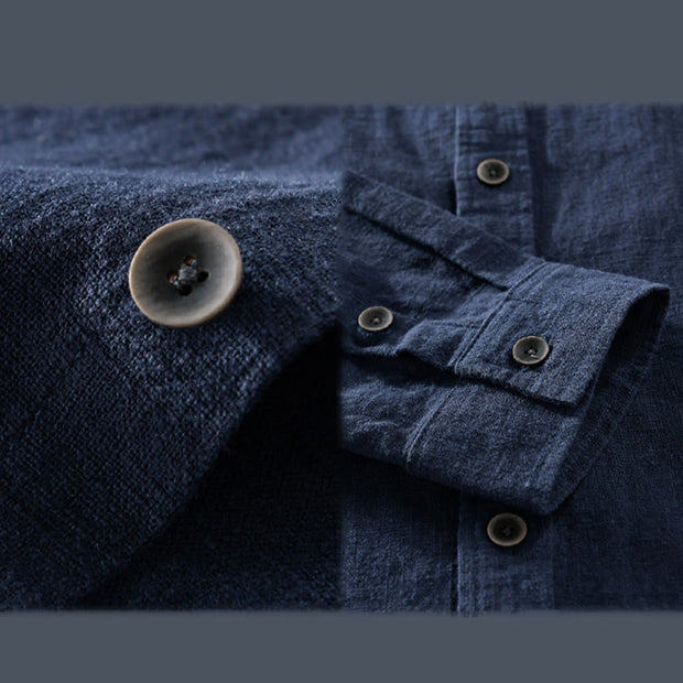 Buddha Stones Men's Pure Color Lapel Buttons Simple Design Ramie Cotton Long Sleeve Shirt - image 10