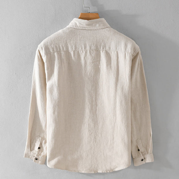 Buddha Stones Men's Pure Color Lapel Buttons Simple Design Ramie Cotton Long Sleeve Shirt - image 1