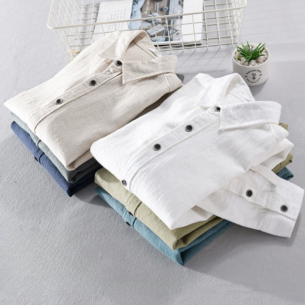 Buddha Stones Men's Pure Color Lapel Buttons Simple Design Ramie Cotton Long Sleeve Shirt - image 21