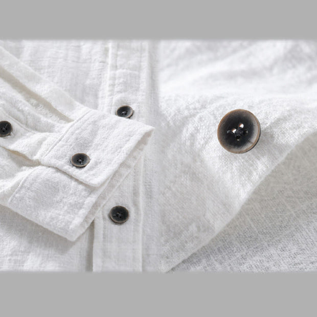 Buddha Stones Men's Pure Color Lapel Buttons Simple Design Ramie Cotton Long Sleeve Shirt - image 13