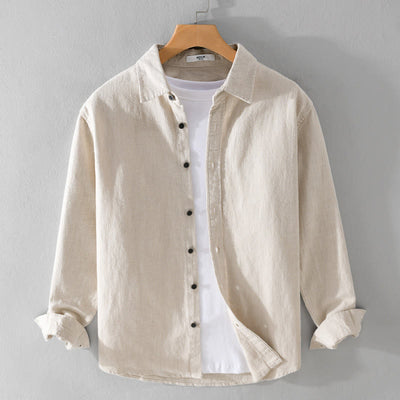 Buddha Stones Men's Pure Color Lapel Buttons Simple Design Ramie Cotton Long Sleeve Shirt - Linen - US/UK/AU42，EU52 (3XL) - image 0
