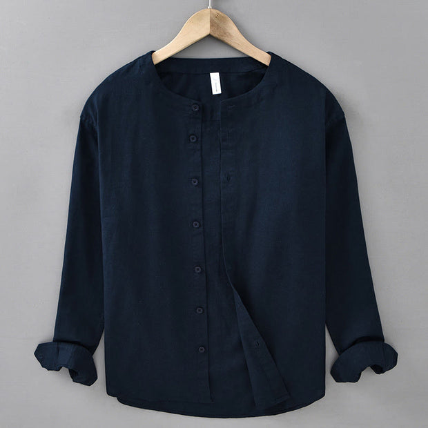 Buddha Stones Men's Spring Pure Color Stand Collar Cotton Linen Long Sleeve Shirt - MidnightBlue - US/UK/AU42，EU52 (3XL) - image 0