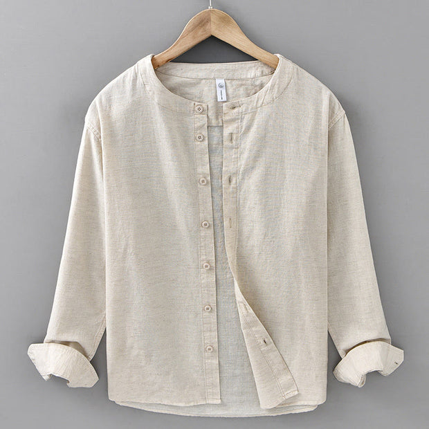 Buddha Stones Men's Spring Pure Color Stand Collar Cotton Linen Long Sleeve Shirt - Linen - US/UK/AU42，EU52 (3XL) - image 8