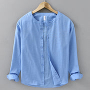 Buddha Stones Men's Spring Pure Color Stand Collar Cotton Linen Long Sleeve Shirt - DodgerBlue - US/UK/AU42，EU52 (3XL) - image 17