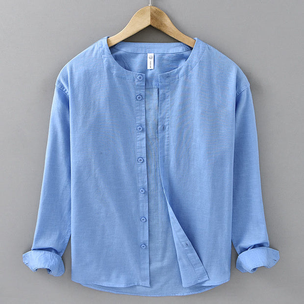 Buddha Stones Men's Spring Pure Color Stand Collar Cotton Linen Long Sleeve Shirt - DodgerBlue - US/UK/AU42，EU52 (3XL) - image 17