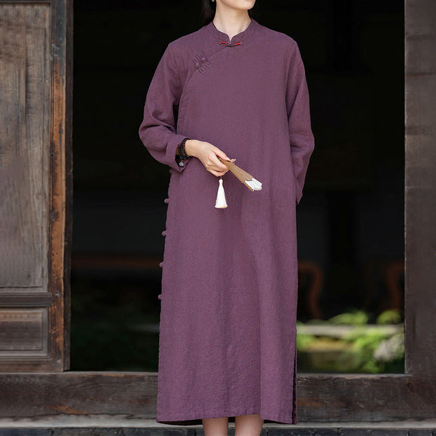 Buddha Stones Fall Plain Chinese Frog-Button Design Cotton Linen Long Sleeve Midi Dress With Pockets - DarkMagenta - US8-10，UK/AU12-14，EU40-42 (2XL) - image 7