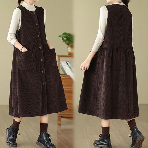 Buddha Stones Fall Buttons Design Cotton Corduroy Sleeveless Midi Dress With Pockets - image 4
