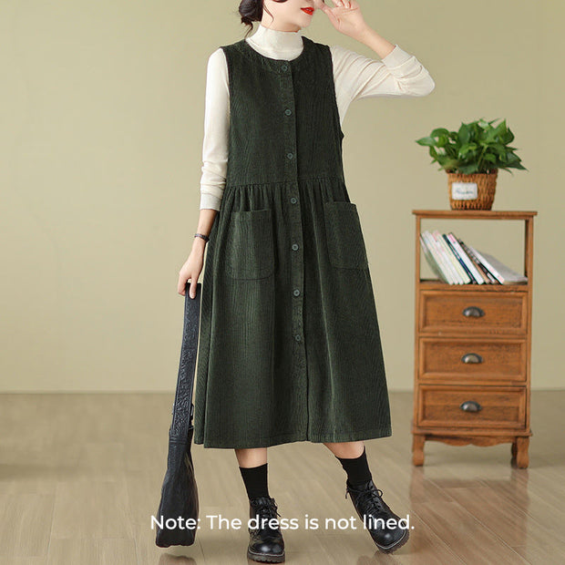 Buddha Stones Fall Buttons Design Cotton Corduroy Sleeveless Midi Dress With Pockets - image 7