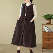 Buddha Stones Fall Buttons Design Cotton Corduroy Sleeveless Midi Dress With Pockets - image 2