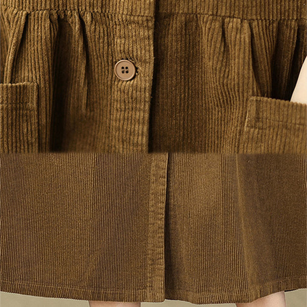 Buddha Stones Fall Buttons Design Cotton Corduroy Sleeveless Midi Dress With Pockets - image 19