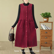 Buddha Stones Fall Buttons Design Cotton Corduroy Sleeveless Midi Dress With Pockets - image 21