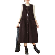 Buddha Stones Fall Buttons Design Cotton Corduroy Sleeveless Midi Dress With Pockets - image 5