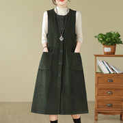 Buddha Stones Fall Buttons Design Cotton Corduroy Sleeveless Midi Dress With Pockets - image 9