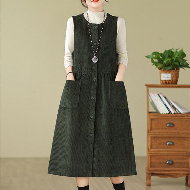 Buddha Stones Fall Buttons Design Cotton Corduroy Sleeveless Midi Dress With Pockets - image 9