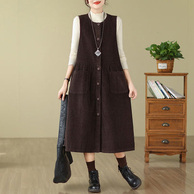 Buddha Stones Fall Buttons Design Cotton Corduroy Sleeveless Midi Dress With Pockets - SaddleBrown - US12，UK/AU16，EU44 (3XL) - image 0