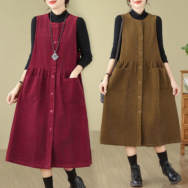 Buddha Stones Fall Buttons Design Cotton Corduroy Sleeveless Midi Dress With Pockets - image 25