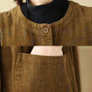 Buddha Stones Fall Buttons Design Cotton Corduroy Sleeveless Midi Dress With Pockets - image 18