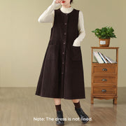 Buddha Stones Fall Buttons Design Cotton Corduroy Sleeveless Midi Dress With Pockets - image 1