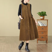 Buddha Stones Fall Buttons Design Cotton Corduroy Sleeveless Midi Dress With Pockets - DarkGoldenrod - US12，UK/AU16，EU44 (3XL) - image 12