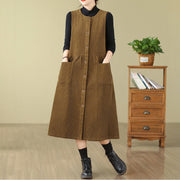 Buddha Stones Fall Buttons Design Cotton Corduroy Sleeveless Midi Dress With Pockets - image 15