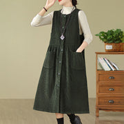 Buddha Stones Fall Buttons Design Cotton Corduroy Sleeveless Midi Dress With Pockets - image 8