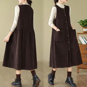 Buddha Stones Fall Buttons Design Cotton Corduroy Sleeveless Midi Dress With Pockets - image 3